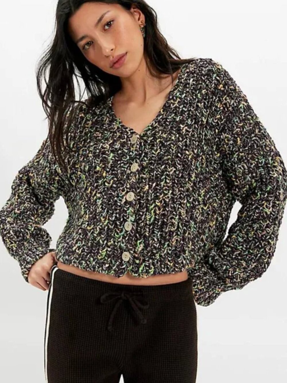 NWT Free People Flea Market Neon Sand Colorblock Cropped Chunky Cardi Size S